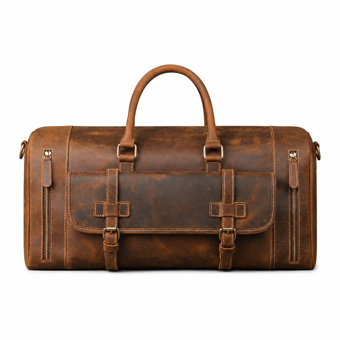 best leather travel duffel bags Weekender Bag Chestnut, Dedicated Shoe & Laptop Compartments By Hudson Sutler The vintage look calls back to a time of steam engines and handwritten letters Leather Duffel Bag for Men